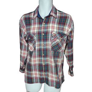Backpacker Plaid Shirt Mens L 15-16.5 Button Down Casual Red Blue White Tartan